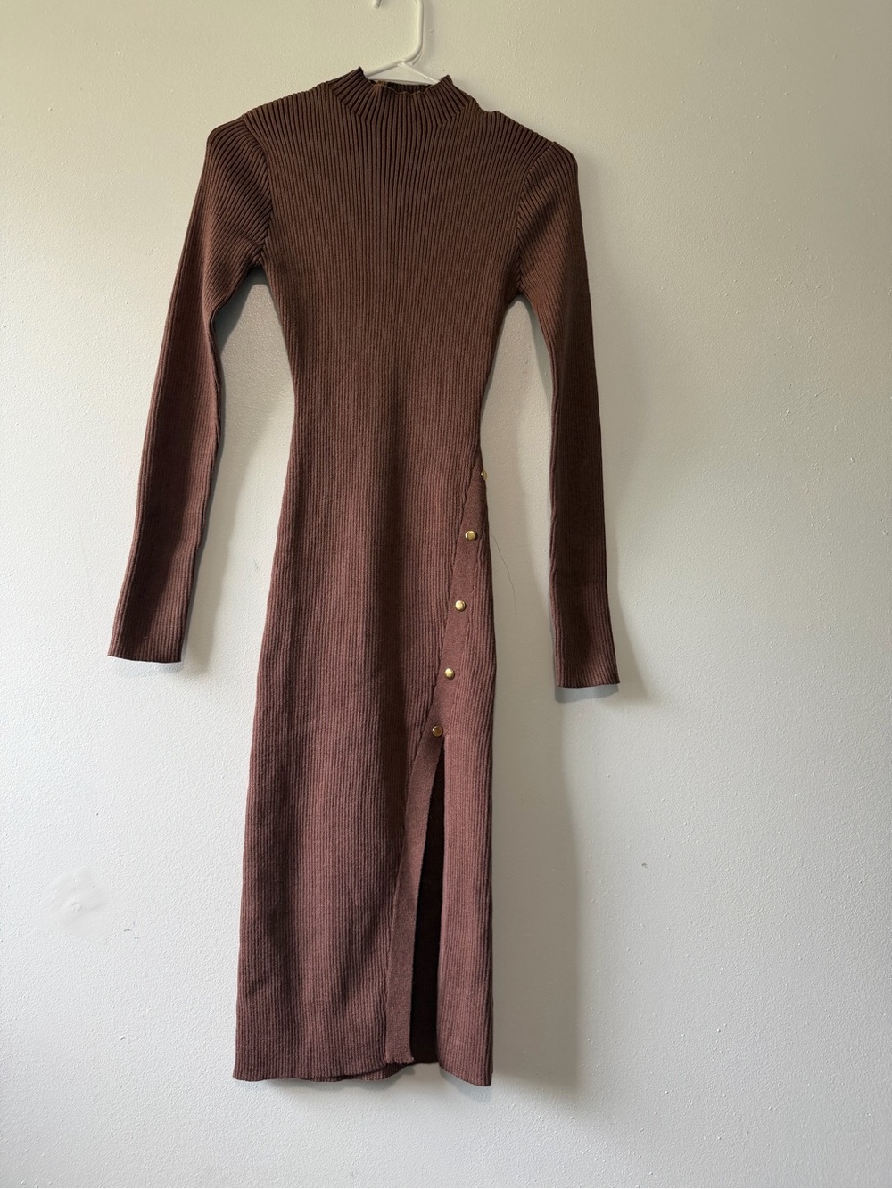 Ribbed Long-Sleeve Midi Dress in Brown with Side Button Detail